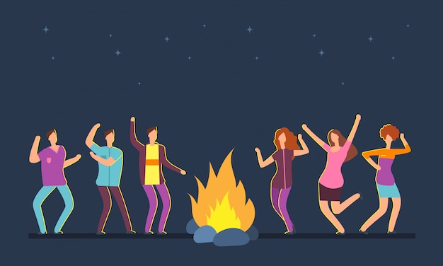 Gruppo di persone felici che ballano al fuoco. concetto di campeggio del fumetto di vettore di festival di musica