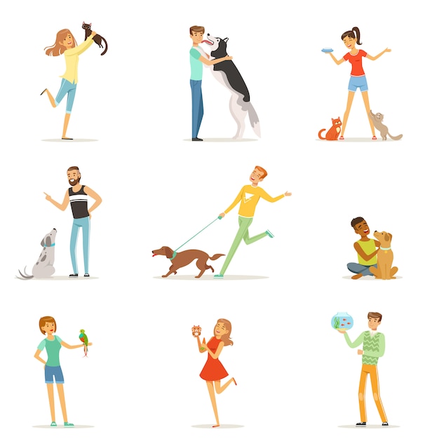 Vector happy people having fun with pets, man and women training and playing with their pets  illustrations