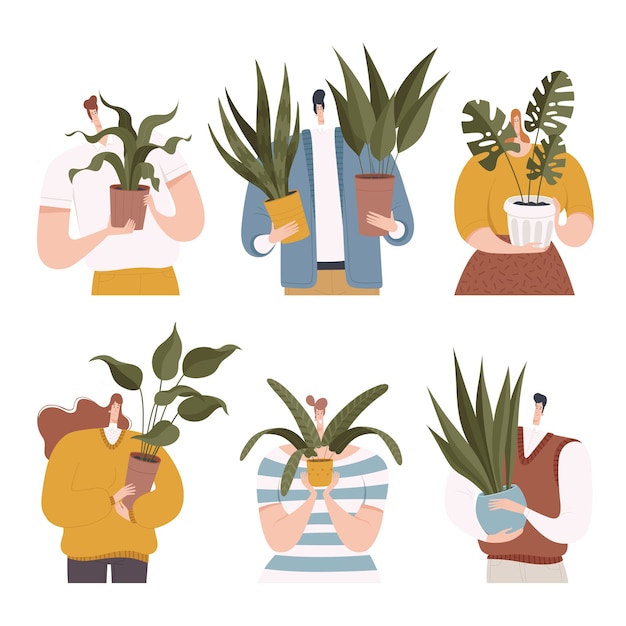 Happy people hold pots with plants.