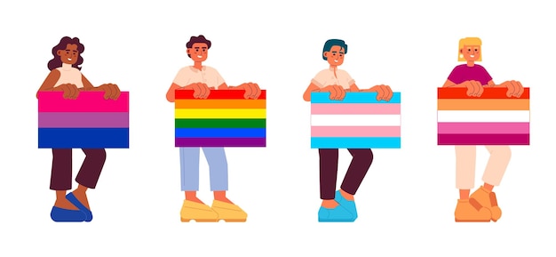 Vector happy people holds lgbt pride flags flat concept vector spot illustrations pack equal rights for lovers 2d cartoon characters on white for web ui design diversity isolated editable hero images set