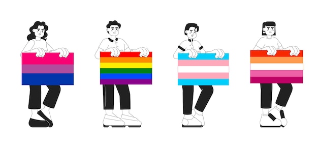 Happy people holds lgbt pride flags monochrome concept vector spot illustrations pack equal rights for lovers 2d bw cartoon characters for web ui design diversity isolated editable hero images set