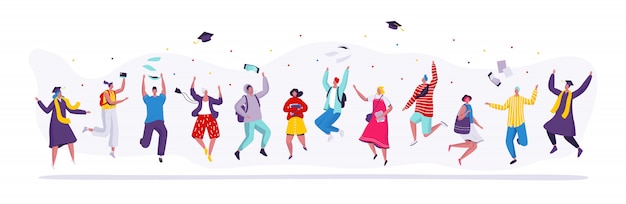 Happy people jumping graduation students, cartoon characters illustration