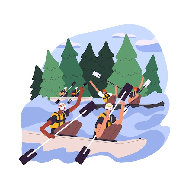 Happy people during kayaking down river rafting in nature Friends kayakers in boats double rowboats rowing with paddles on summer holidays Flat vector illustration isolated on white background