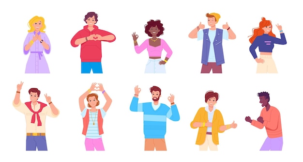 Vector happy people language gestures confident characters showing hand gesture sign ok smile guy show yes or yeah body signal student positive expressions swanky vector illustration