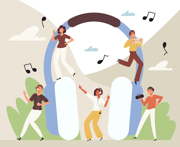 Vector happy people listening music near big headphones dancing music lovers flat vector illustration