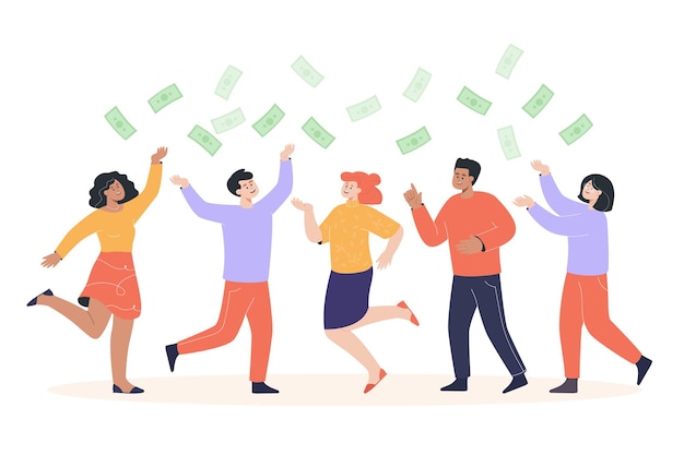 Happy people under money rain flat vector illustration. Cheerful men and women jumping, celebrating financial success and achieving goal together. Finance, team, economy concept