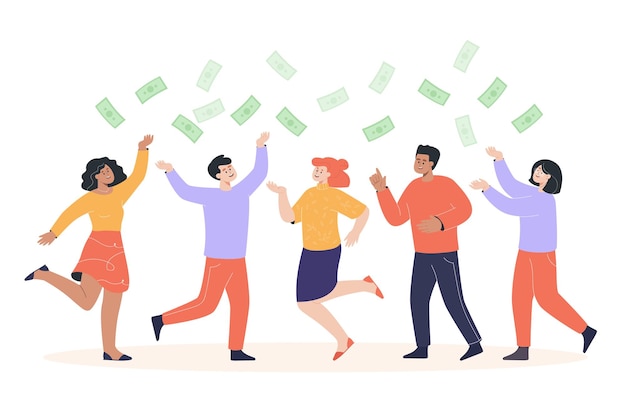 Vector happy people under money rain flat vector illustration. cheerful men and women jumping, celebrating financial success and achieving goal together. finance, team, economy concept