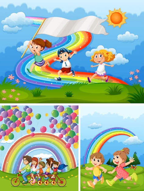Felice persone nel parco con arcobaleno in background