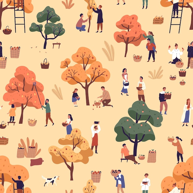 Happy people picking fruits seamless pattern. smiling man, woman and children gathering apples in garden vector flat illustration. cartoon person with autumn harvest or seasonal agricultural work.