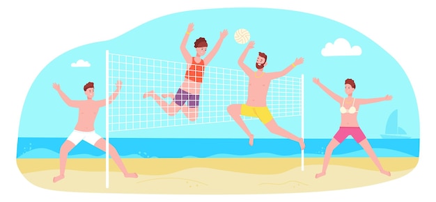 Счастливые люди играют в волейбол молодые радостные мужчины и женщины