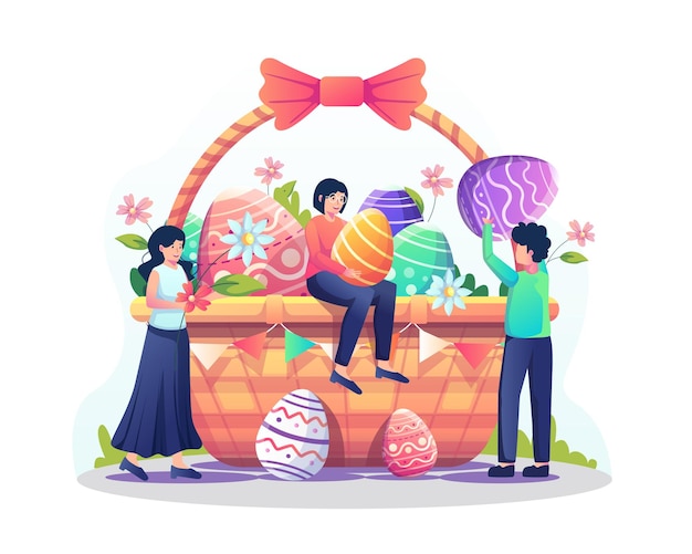 Happy people putting eggs and flowers into the giant basket for the easter day celebration Flat style vector illustration