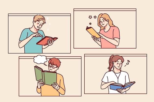 Happy people reading books