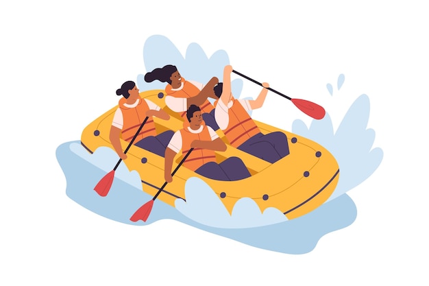 Vector happy people rowing with paddles, swimming in inflatable boat in river. team of diverse men and women during extreme water activity in lake. flat vector illustration isolated on white background