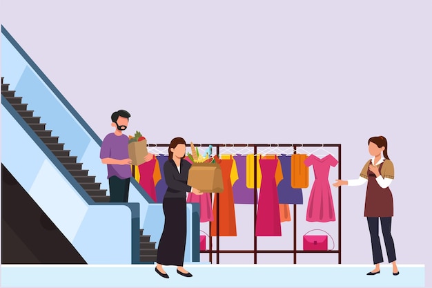 Happy people shopping at mall Shopping concept Colored flat vector illustration isolated