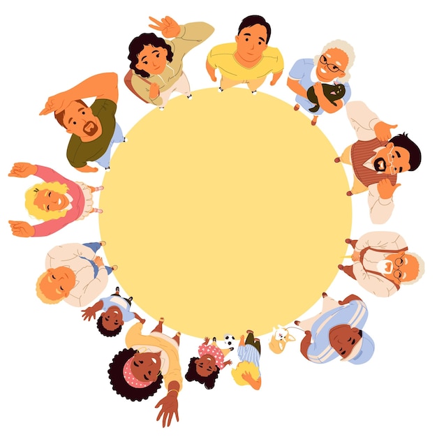 Vector happy people standing in circle looking up top view