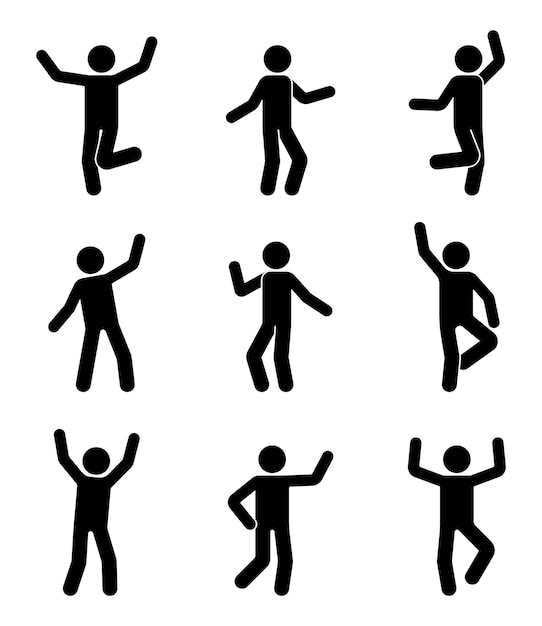 Happy people stick figure icon set Man in different poses celebrating pictogram