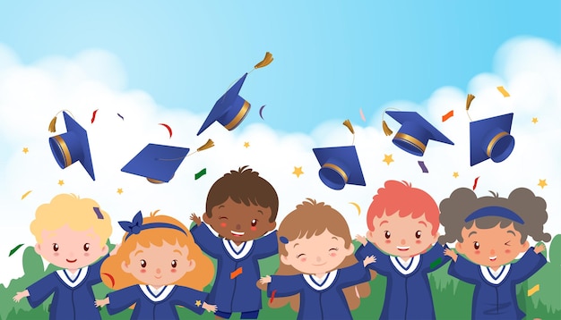 Vector happy people throwing graduation caps upwards on blue sky white clouds and green grass