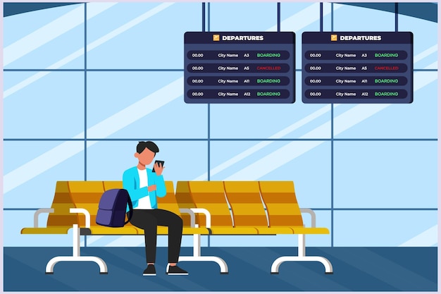 Vettore persone felici che viaggiano all'aeroporto concetto delle attività dei passeggeri all'aeroport piatto colorato