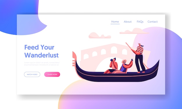 Happy people traveling in venice landing page template