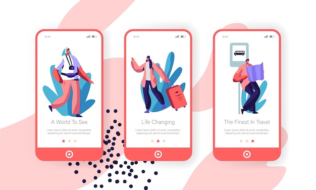 荷物、写真カメラ、外国の概念への地図を持って旅行する幸せな人々。モバイルアプリページのオンボード画面セット