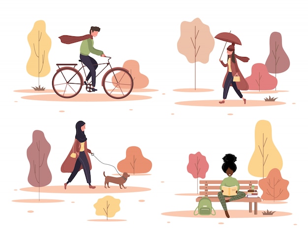 Happy people walks autumn park set. young woman sitting on bench and read. citizens strolling with dog, riding kick bike. illustration in flat cartoon style.