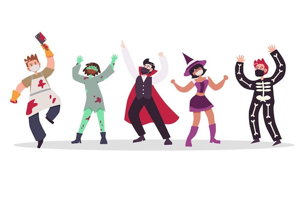 Vector happy people wearing halloween costume with face mask