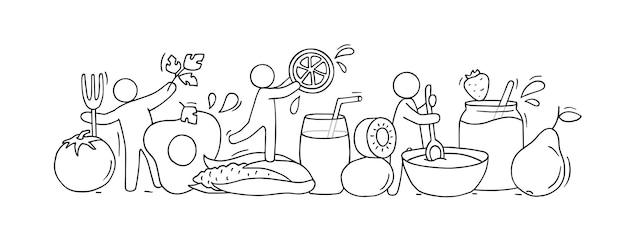 Vector happy people with fresh vegetables and fruits