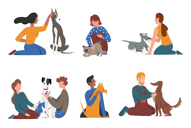 Vector happy people with pet dog friends set young man woman character sitting hugging doggy