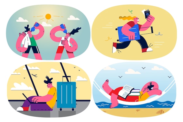 Vector happy person relax on summer vacation on sea reading book working online. smiling people have fun rest enjoy holiday. in airport ready for trip. travel concept. flat vector illustration. set.