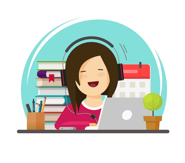 Happy person studying or working on desk on workplace via laptop flat cartoon