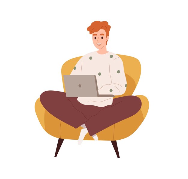 Vector happy person with laptop computer, sitting in armchair. freelance worker at online remote work. freelancer working through internet at home. flat vector illustration isolated on white background