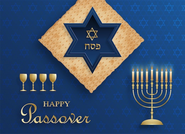 Happy Pesach-kaart, de Pessah-vakantie met mooie en creatieve Joodse symbolen en goudpapier gesneden stijl op een achtergrond in kleur voor de Pesach-Joodse feestdag (vertaling: happy Pesach)
