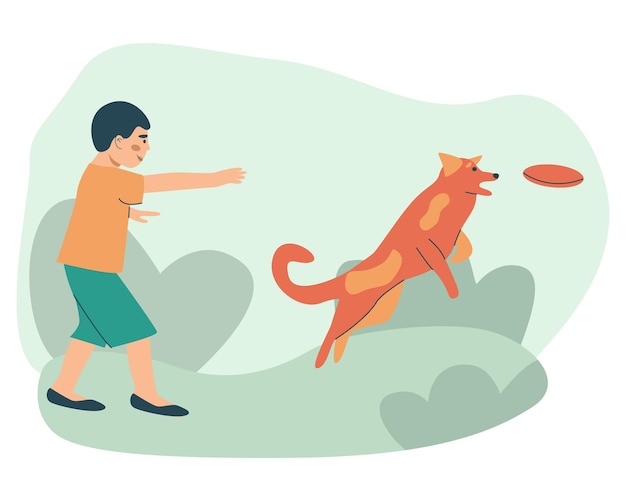 Vector happy pet owner child with domestic animals men and women having fun training and playing with their pets stock vector illustration eps 10