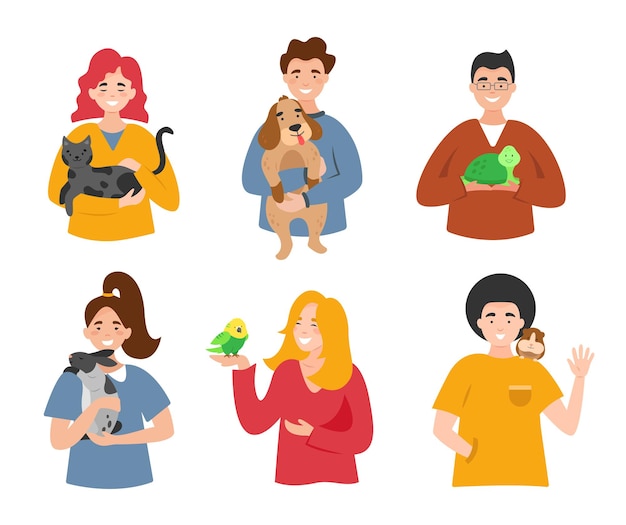happy pet owners are holding their cute pets.