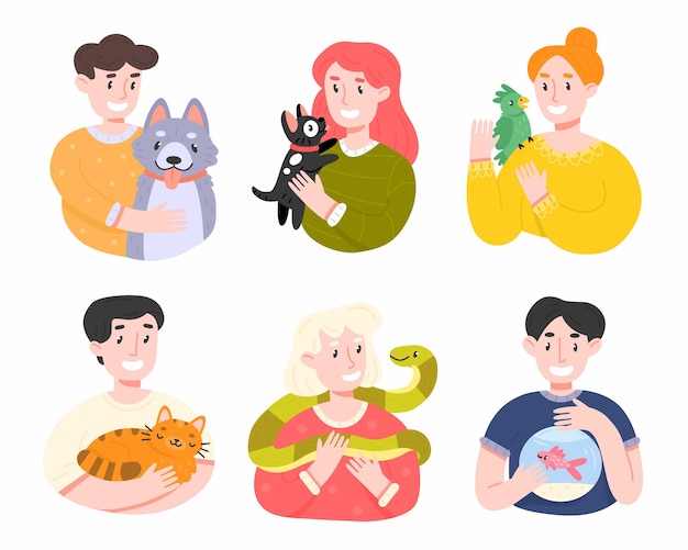 Happy pet owners cartoon illustration set on white background