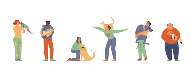 ベクトル 抱き締める猫犬オウムフェレットを保持している動物の男性と女性と幸せなペットの飼い主
