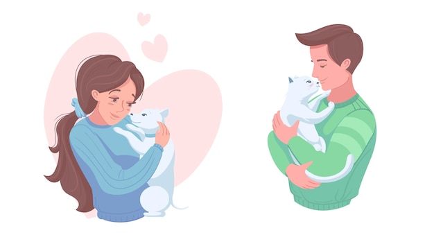 Счастливые владельцы домашних животных с щенком и котенком, векторные иллюстрации. Девочка и мальчик ласкают собаку, кошку. Забота, любовь к домашним животным.