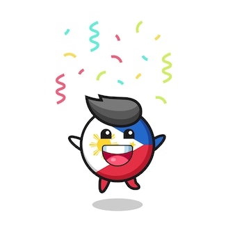 Felice mascotte del distintivo della bandiera delle filippine che salta per congratulazioni con coriandoli colorati