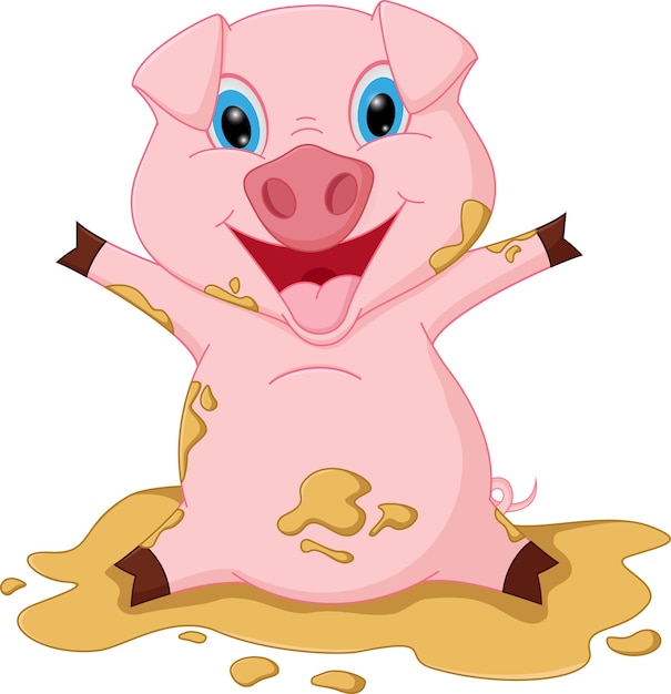 Vector happy pig cartoon playing mud