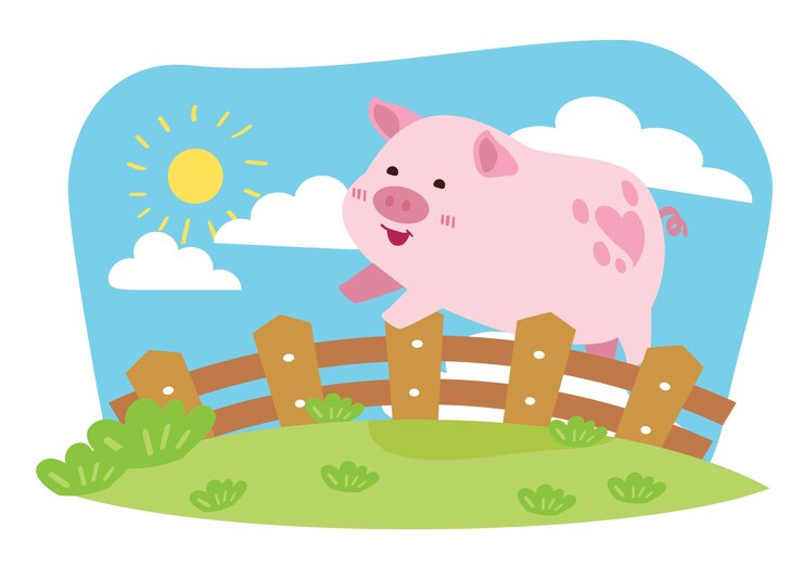 Vector happy pig jumping over the fence