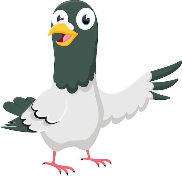 Vector happy pigeon cartoon character pointing