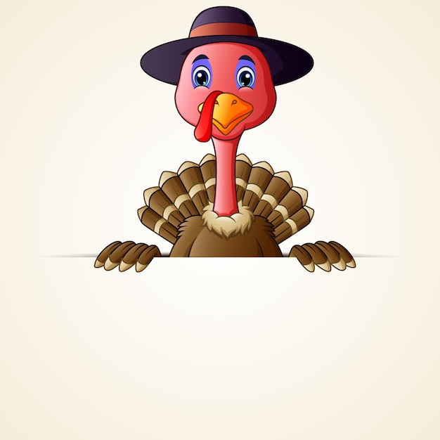 Happy pilgrim turkey bird cartoon holding blank sign