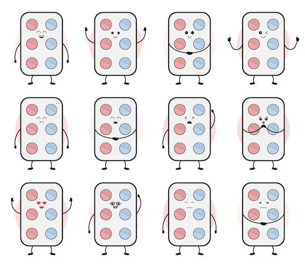 Happy pills are smiling cute pills and tablets on a white background medicines with emotions eyes a smile happiness