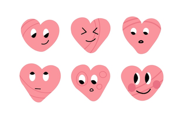 多様な感情で設定された幸せなピンクの愛の心のステッカー 愛の表現 y2k スタイル