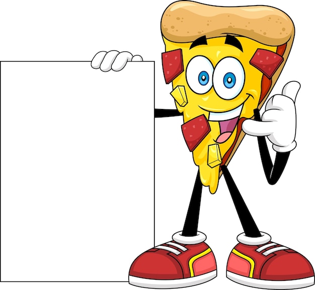 Happy pizza slice personaggio di cartone animato presente segno vuoto vettore illustrazione disegnata a mano