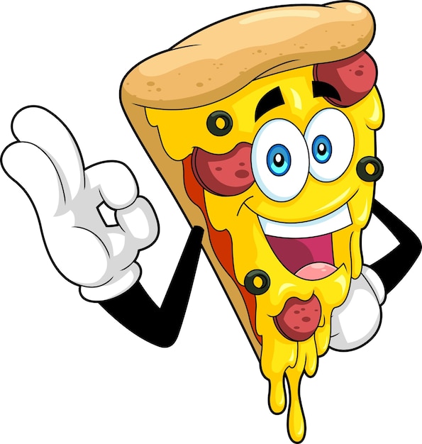 Happy Pizza Slice Cartoon Character Vector met de hand getekende illustratie