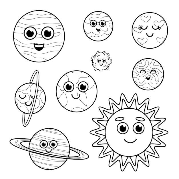 Happy planets Solar system Coloring page Black and white Color me Isolated vector illustration eps