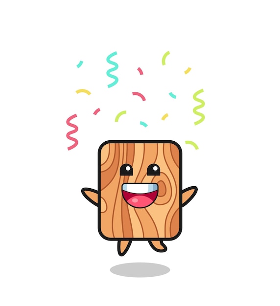 Vector happy plank wood mascot jumping for congratulation with colour confetti