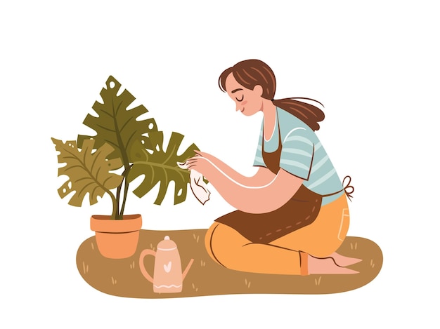 Happy plant lady Young woman plant lover taking care of houseplant Girl with potted monstera plant