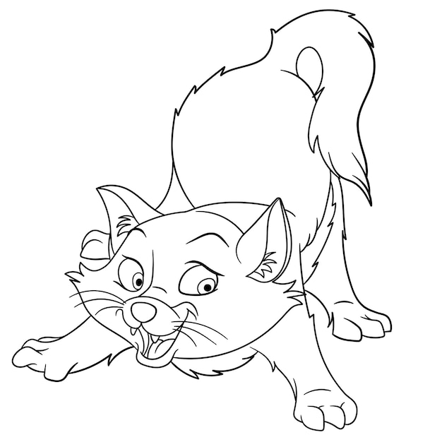 Happy playful cat. Cartoon coloring book page for kids.